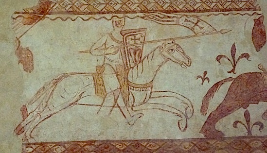 cavalier central; détail de la fresque inférieure du mur nord de la chapelle templière de Cressac-Dognon; photo JP Schmit